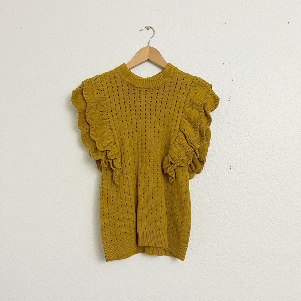 Who What Wear Mustard Yellow Ruffle Crochet Top